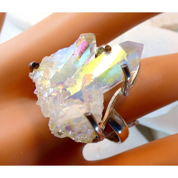 Angel Aura Druzy Quartz Cluster Sterling Silver Ring Sz  8  OOAK Handmade - Picture 3 of 9